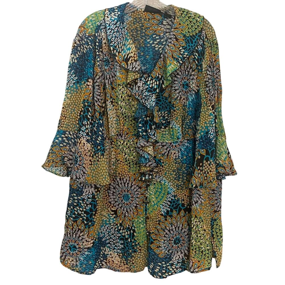 Maggie Barnes Plus Size 14/16W Boho Ruffle Blouse Eclectic Bell Sleeve Top Artsy